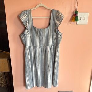 Blue Casual Sundress 2x with Flutter Cap Sleeves and Square Neck